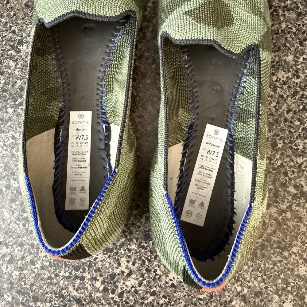 Rothy's Green‎ Camo Knit Round Toe Flats Shoes Women 7.5 Orange Black Stripe